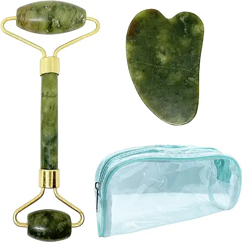 Masajeador Facial gua sha Rodillo Facial de jade Masajeador de ojos Rodillo Masaje gua sha Facial Piedra Verde Rodillo jade Autentico Guasha Facial Neceser Neceser de Viaje Azul  