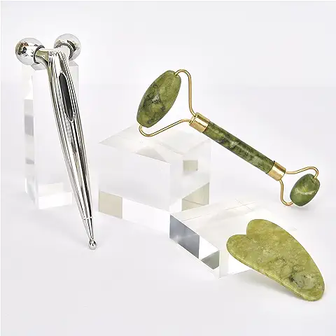 Masajeador Facial y Corporal 3 en 1 Relajante Muscular. Rodillo Facial Kit de Masaje Reafirmante Reductor Grasa y Antiarrugas. Masajeador 3D Rodillo Jade Auténtico y Piedra Gua Sha  