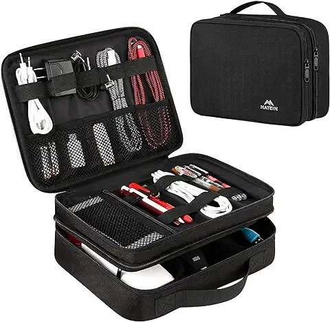 MATEIN Organizador Cables Viaje, 2 Capas Electrónico Organizador Estuche Impermeable Bolsas para Electrónicos Accesorios Cable Organizer Bag para Cargador, Adaptadores, Powerbank,Tarjetas, Negro  