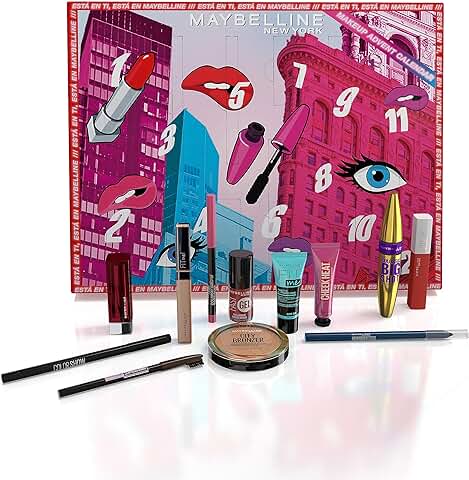 Maybelline New York Calendario de Adviento de 12 Días de Maquillaje, Incluye 12 Productos para Ojos, Rostro, Labios y Uñas  