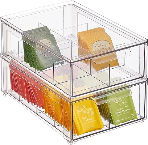 mDesign Cajón organizador – Caja apilable de plástico para armarios de cocina, despensa y nevera – Organizador de cocina para comida y aperitivos – Juego de 2 – transparente