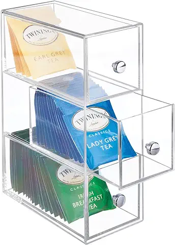 MDesign Minicajonera con 3 Cajones de Plástico – Perfecta como caja para Infusiones y Bolsitas de té – Pequeño Mueble Cajonera para té, Sacarina, Azucarillos, sal, etc. – Transparente  