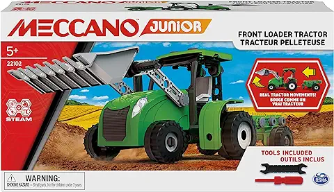 MECCANO Junior - Tractor - Tractor Juguete con Cargador Frontal con Piezas Móviles y Herramientas Reales, Kit de Construcción de Maqueta de Juguete, Juguetes Stem para Niños a Partir de 5 Años  