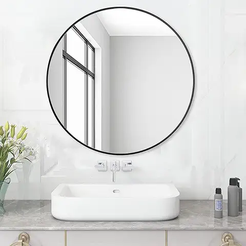 MEESALISA Lisa Espejo de Baño Redondo sin Iluminación Negro ф70 cm Espejo de Pared con Marco de Metal Negro mate Espejo Redondo Decorativo Borde Negro  