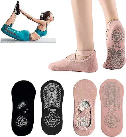 MEETTIKEY 2 Calcetines de Yoga, Calcetines Antideslizantes de Pilates con Correas, Calcetines de yoga para Mujer, Antideslizantes, para Pilates, Fitness, Ballet, Entrenamiento en Casa, Accesorios de  