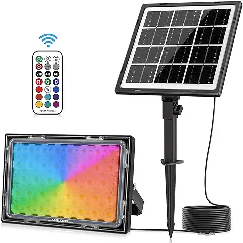 MEIKEE Foco Led RGB, Luz Solar Exterior de 12 Colores con Control Remoto 2 Modos 6 Brillos Ajustable Función de Memoria y Temporización IP66 Impermeable Foco LED Solar Exterior Cambio de Color  