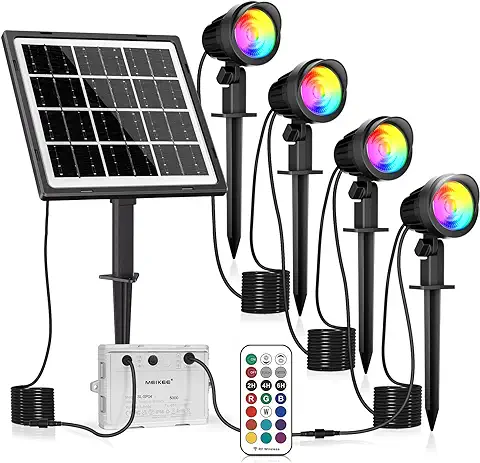 MEIKEE Foco Solar RGB 4 en 1 Luz Led Solar Exterior Impermeable IP66 Control Remoto RF 12 Colores 3 Modos Cambio de Color para Exterior  