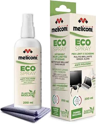 Meliconi Limpiador Eco Spray para Limpiar Lentes y Pantallas de PC, Tabletas, Libros Electrónicos, Smartphones, Televisores, Espejos y Cristales. Incluye Gamuza de Microfibra, Color Blanco, 200ml  