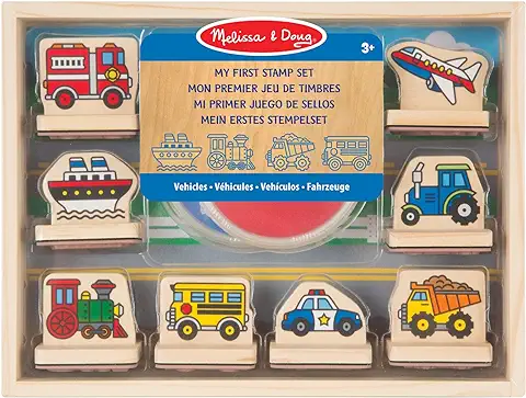 Melissa & Doug Juego de Sellos de Madera Vehículos, 8 Sellos y dos Almohadillas de Tinta, Juguete Creativo de Madera, Actividades Creativas, Regalo para Niños y Niñas de 3 4 5 6 7 Años  