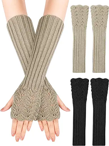 MELLIEX 2 Pares Guantes Largos sin Dedos, Guantes Invierno Calientes de Punto de Calentadores de Brazo con Agujero Pulgar para Mujeres Hombres  