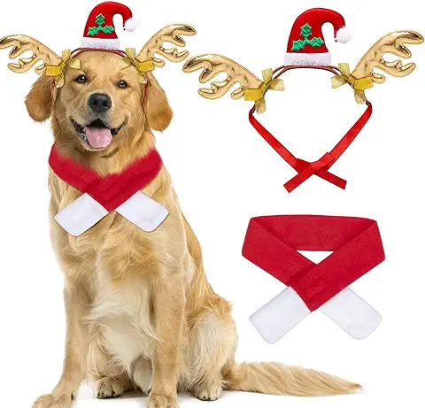 MELLIEX 2 Piezas Disfraz Navidad para Perros Gatos, Diadema de Astas y Bufanda de Navidad Accesorios Ropa de Mascotas para Perros Pequeño  