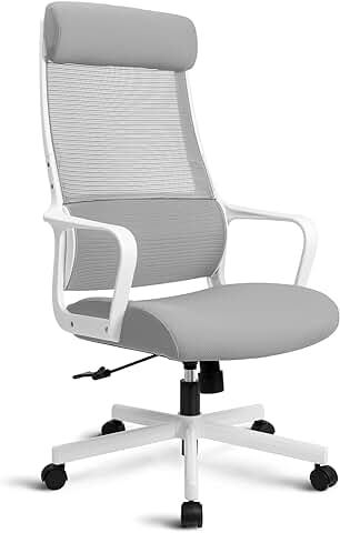 MELOKEA Silla de Oficina Ergonómica con Reposacabezas Ajustable, red de Respaldo alto y Altura Regulable, con Soporte Lumbar y Función de Balancín, Color Blanco y gris  