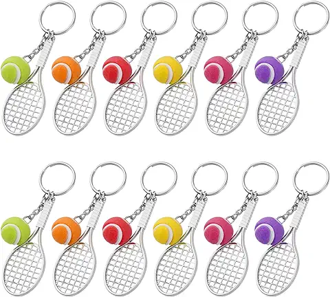 MengH-SHOP Llavero de Deporte Mini Llavero de Raqueta de Tenis de Metal Llavero de Pelota de Tenis Creativo Regalo para Amantes del Tenis 12 Piezas (6 Bolas de Colores)  