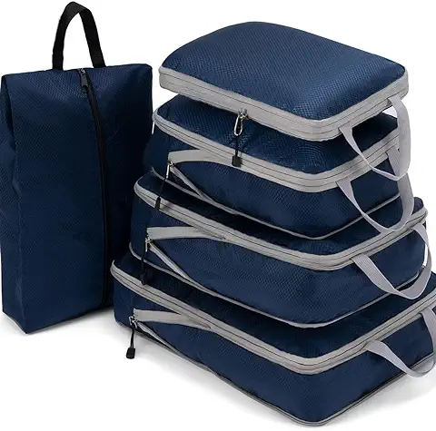 Meowoo Compression Packing Cubes for Travel 5 en 1 Set Organizador Maleta Viaje Impermeable Bolsas Viaje Organizador Organizador de Equipaje con Bolsa para Zapatos (Azul Marino)  