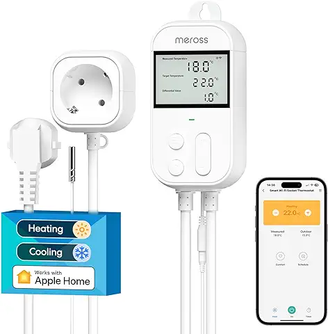 Meross Inteligente Enchufe de Digital Termostato con Sonda, 2,4GHz WiFi Controlador de Temperatura Enchufe Termostato 16A 3840W, Compatible con Apple HomeKit, Alexa y Google Home  