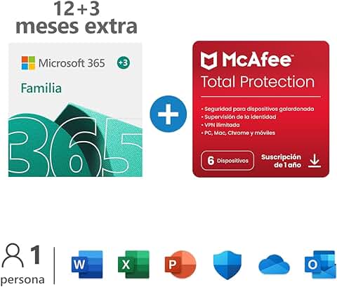 Microsoft 365 Familia | Apps Office 365 | PC/MAC/teléfono | Suscripción Anual | 12+3 Meses | + McAfee Total Protection 2022 | 6 Dispositivo | 12 Meses | PC/Mac/Android/Smartphones - Código por Email  