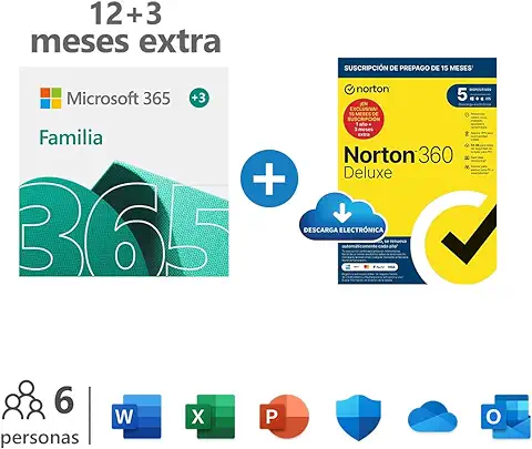 Microsoft 365 Familia | Apps Office 365 | PC/MAC/teléfono | Suscripción Anual | 12+3 Meses + NORTON 360 Deluxe | 15 Meses | PC/Mac - Código de Activación Enviado por Email  