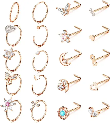 MILACOLATO 20Pcs 20G Anillos de Nariz Juego de Aros para Mujeres Adolescentes Anillos de Nariz Acero Inoxidable Guirúrgico Nariz Hipoalergénico Piercings Nariz Joyería Set  