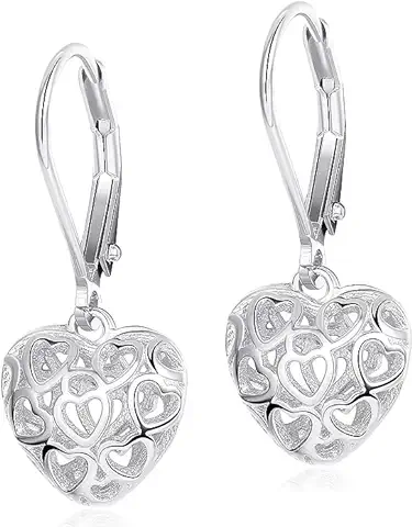 Milacolato Pendientes para Mujer Corazón S925 Plata de Ley con Forma Hueca Leverback Pendientes Aros para Mujeres Niñas Pendientes Colgantes  