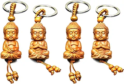 MINGZE 4 Piezas Buda de Madera Llavero, Pequeño Suerte Buda Figures Sculpture Meditación Accesorios para Llaves de Coche DIY Regalo de Amuleto de la Suerte  