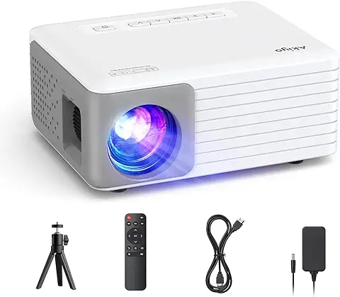 Mini Proyector Portátil con Tripode, 6500 Lumens Videoproyector Soporta HD 1080P, AKIYO Proyector Portátil Cine en Casa, para Movil/Teléfono/PC/PS4/TV Stick/HDMI, Regalo para Niños  