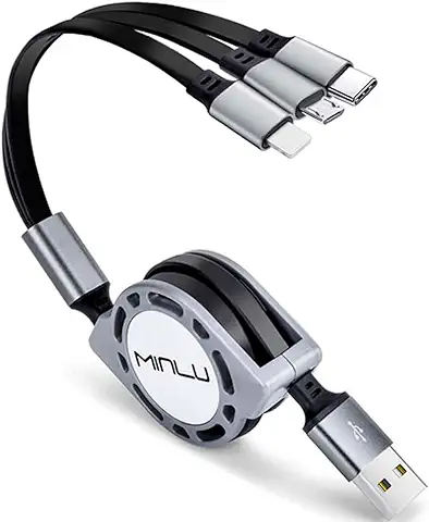 MINLU 1.2m Cable Cargador Retráctil Múltiple 3A, 1 Piezas 3 en 1 Cable de Carga USB Múltiple con Teléfono/Tipo C/Micro USB para Teléfono 12 11 Xs/Tablets/Samsung Galaxy/Pixel/Huawei/LG/Xiaomi (Gray)  