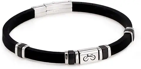 Minoplata Pulsera Ciclista de Acero y Caucho Negro una Joya Original y Moderna Regalar a Deportistas y Amantes del Mundo de la Bicicleta  