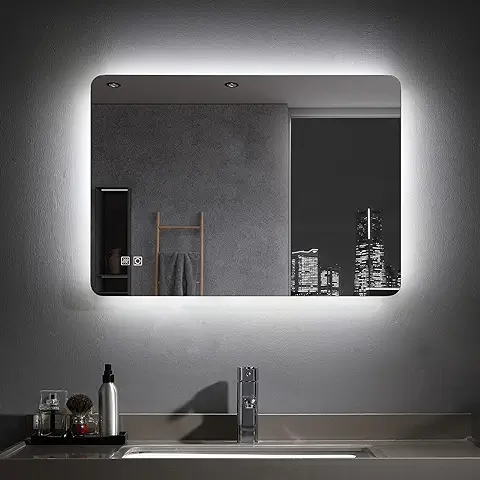 MIQU Espejo de Baño 80 x 60 cm LED Espejo de Baño con Iluminación Blanca Fría Espejo de Pared Espejo Táctil Antivaho IP44 Ahorro de Energía  