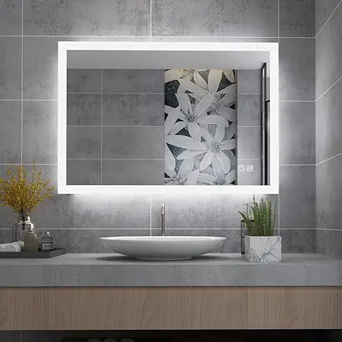 MIQU Espejo de Baño LED 80 x 60 cm, Espejo de Baño con luz, Espejo de Pared Grande, Regulable en 3 Colores, Blanco Frío/Caliente,Interruptor Táctil + Antivaho  