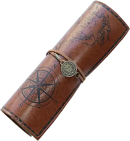 Misazy Estuche Boligrafos,Estuche para Lápices Multifuncional Estuche,Estuche de Cuero Vintage para Bolígrafo Lápiz Pincel de Pintura Almacenamiento de Cosméticos Marrón Oscuro (20.5 * 31cm)  