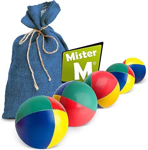 Mister M | 5 Pelotas de Malabares en Saco de Yute Azul | Fáciles de Agarrar | Revestimiento Impermeable y Acolchado Ecológico | Apto para Principiantes y Expertos | con App y Videotutorial Online  