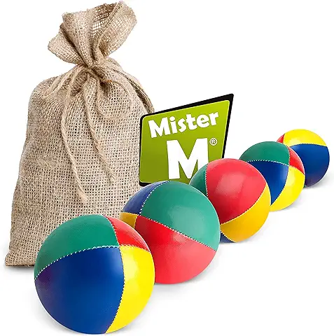 Mister M | 5 Pelotas de Malabares en Saco de Yute Beige | Fáciles de Agarrar | Revestimiento Impermeable y Acolchado Ecológico | Apto para Principiantes y Expertos | con App y Videotutorial Online  