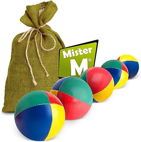 Mister M | 5 Pelotas de Malabares en Saco de Yute Verde | Fáciles de Agarrar | Revestimiento Impermeable y Acolchado Ecológico | Apto para Principiantes y Expertos | con App y Videotutorial Online  