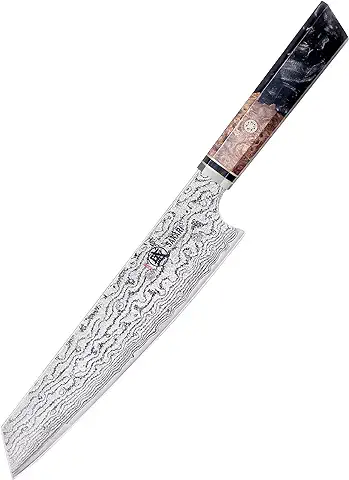 MITSUMOTO SAKARI 22 cm Cuchillos Cocina Kiritsuke, Cuchillos Cocina Profesional de Damasco AUS-10 Premium, Cuchillos Japoneses Forjado a Mano (Mango de Madera de Granada Y Caja de Regalo)  