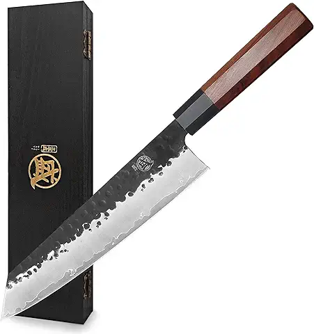 MITSUMOTO SAKARI 23 cm Cuchillos Cocina Japoneses Kiritsuke, Cuchillo Cocina de Acero de Alto Carbono, Cuchillos Cocina Profesional Forjado a Mano (Mango de Palo de Rosa y Caja de Regalo)  