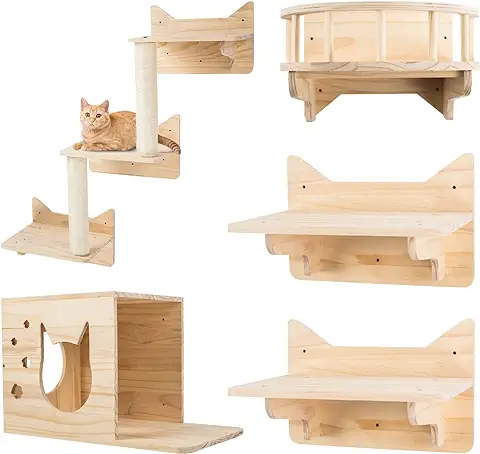 MIUZMORE Marco de Pino, Juego de 5 Muebles de Pared para Gatos, Estantes y Perchas , Escalera de Poste de Sisal, Escalones y Plataforma de Viaje  