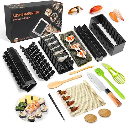 Mlryh Kit para Hacer Sushi, 21 Piezas Kit Sushi para Principiantes con Alfombrilla de Sushi,Palillos, Rebanador de Aguacate,Paleta, Esparcidor,Cuchillo,Soporte para Palillos,Platos,Cepillo.  