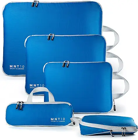 MNT10 Bolsas de Embalaje Recicladas con Compresión S, M, L, XL I Azul I Cubos de Embalaje con asa como Organizador de Equipaje I Bolsas de Compresión Ligeras para Mochilas.  