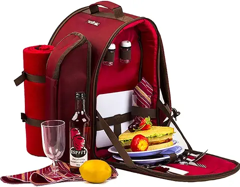 Mochila de Picnic de ALLCAMP, para 2 Personas, con Bolsa Térmica, Vajilla y Manta de Forro Polar, Rosso  