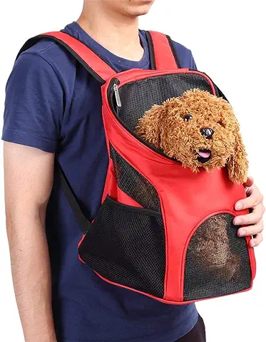 Mochila Portadora de Perros, Manos Libres Ajustable Malla Ventilada Caminata Senderismo Viajando Bolso Doble para Llevar Perros Mascotas Cachorro(Rojo)  