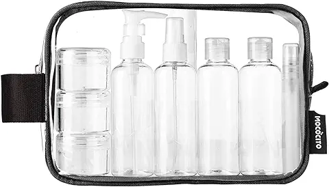 MOCOCITO Neceser Transparente con 8 Botellas de Viaje (MAX.100ml) y 1 Bolsa de Vuelo para Líquidos (20cm x 20cm,1L), Bolsa de Cosméticos Impermeable para Hombre y Mujer  