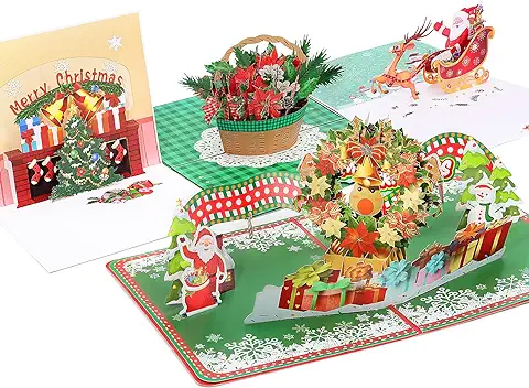 MoKo Tarjeta de Navidad, 4 Piezas Tarjetas de Felicitación Pop Up 3D Creativas con Bendición, Sobre, Tarjeta de Nota, Alce, Árbol de Navidad, Papá Noel, Flores para Familiares, Amigos, Multicolor  