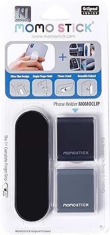 MOMOSTiCK - El Original! Combi - Momoclip + Soporte para Dedos para Teléfono Móvil - Anillo de Soporte para Teléfono Móvil (Momostick Combinado + Momoclip Matt Serie - Negro)  