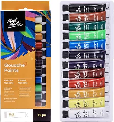 MONT MARTE Gouache - 12 Piezas, Tubos de 12 ml - Ideal para Pintar Témpera - Colores Brillantes y Resistentes a la luz con Gran Opacidad - Ideal para Principiantes, Profesionales y Artistas  