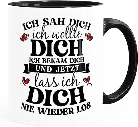 Moonworks® Taza de Café con Texto en Alemán «Liebe ich sah dich und Jetzt lass ich dich nie Wieder Los» Idea de Regalo Partner Verliebte Weiß-innen-schwarz Standard  