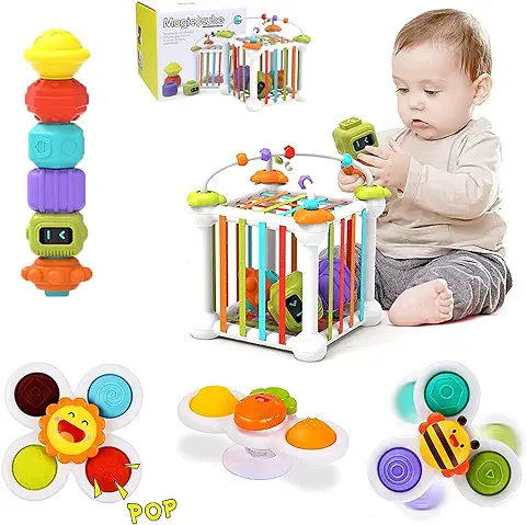 Morkka 12 Juguetes Montessori, Aprendizaje Temprano, Juguetes Sensoriales para Bebés cubo Colorido con 3 Ventosas Giratorios y Laberinto de Cuentas, para Niños Pequeños de 1-3 (12pcs)  