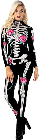 Morph Disfraz Esqueleto Mujer Rosas, Traje Esqueleto Mujer, Mono Esqueleto Mujer, Disfraz Esqueleto Mujer Halloween, Disfraz Esqueleto Adulto Mujer, Disfraz Halloween Mujer Tallas S,M,L,XL  