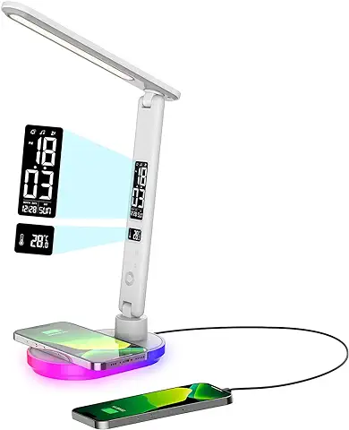 Morwealth - Lámpara de Escritorio LED con Cargador Inalámbrico, Lámparas de mesa Regulable Táctil con Color y 5 Niveles de Brillo, lamp con Puerto USB, Reloj, luz Nocturna de Color, LCD, para  