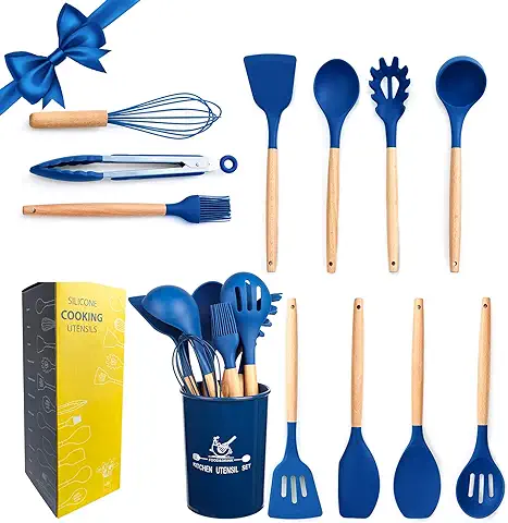 MossFlos 12 Piezas Utensilios de Cocina de Silicona Resistentes al Calor, Herramientas Antiadherentes para Hornear en la Cocina - Azul Oscuro  