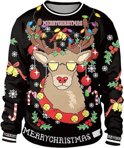 MOVERV Navidad Sudaderas Navideñas Unisex Jersey Sueter Navideño Hombre Mujer 3D Impreso Sweaters Pullover Cuello Manga Larga Deportivas Otoño e Invierno Camisetas Personalizadas Tops  